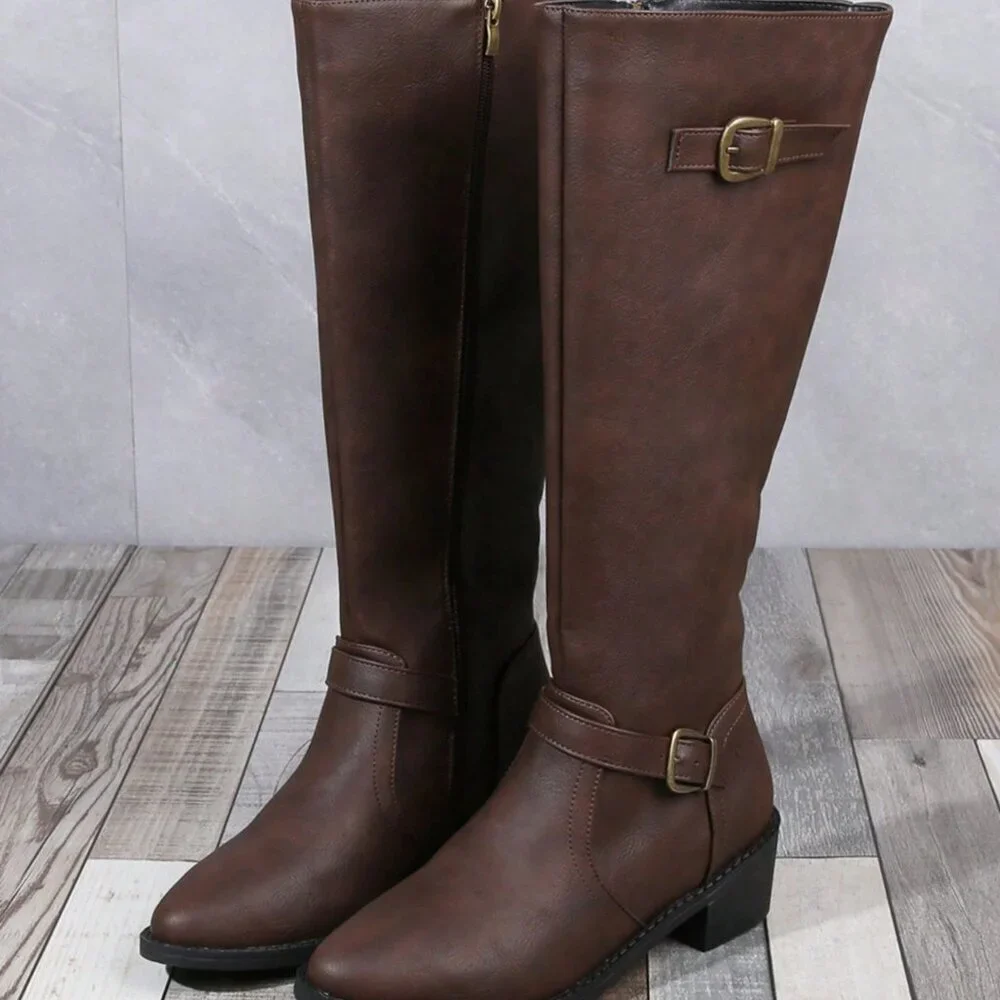 Brown Party Women's High-Cut Heel Riding Boots with Zipper & Pointed Toe